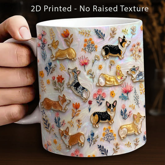Lorva Corgi Flat Print Mug Sparkling Happy Field Flowers