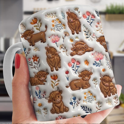 Lorva Highland Cow Flat Print Mug Happy Field Flowers