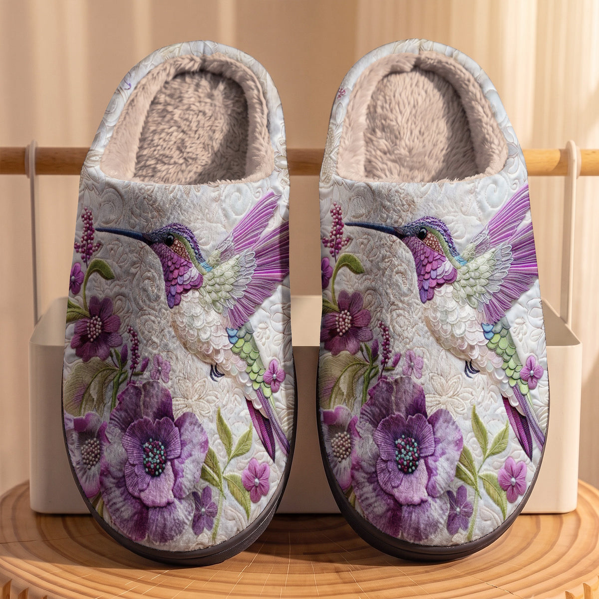 Lorva Hummingbird Fleece Lined Slippers Charming Floral Hummingbird