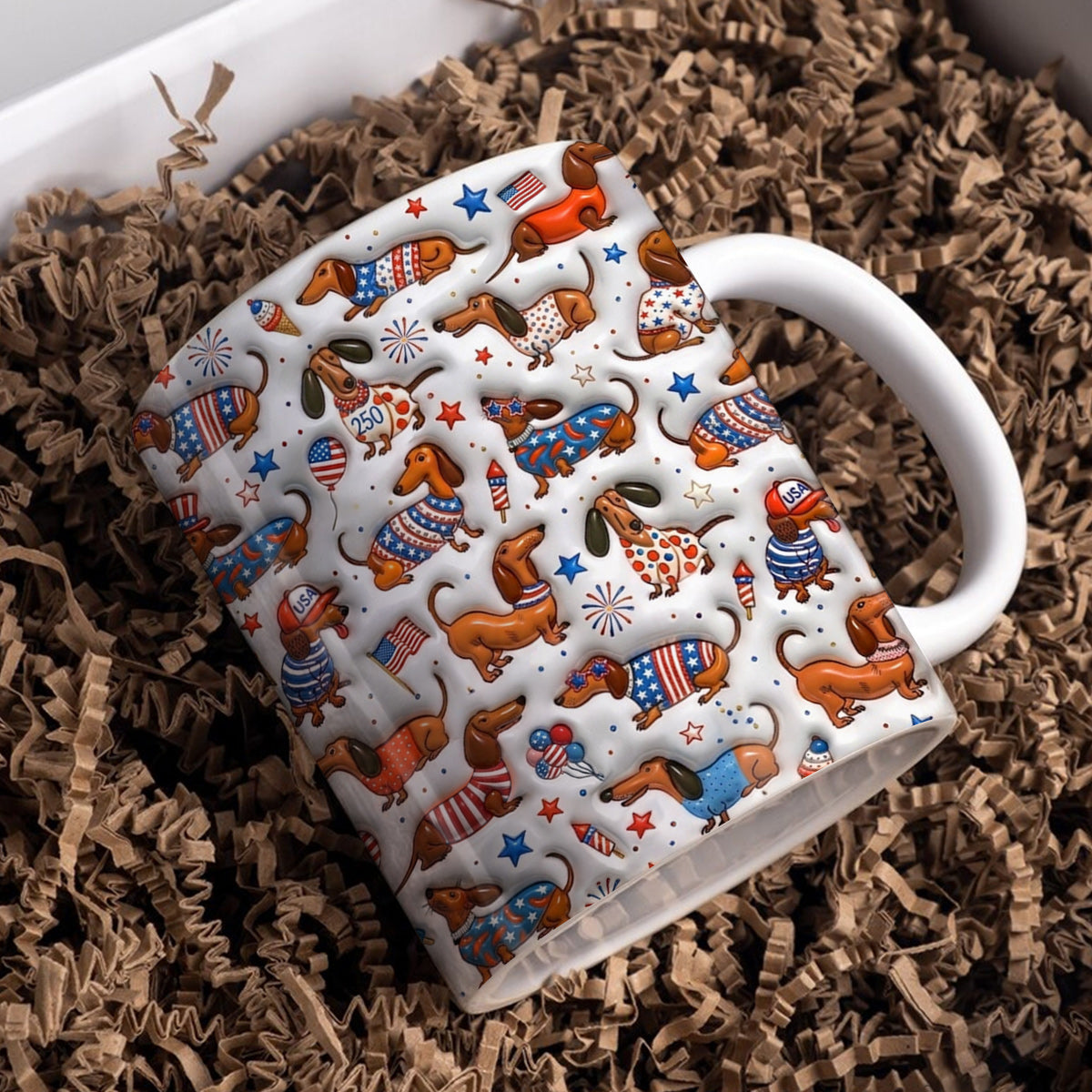 Lorva Dachshund Flat Print Mug Happy Patriotic Day