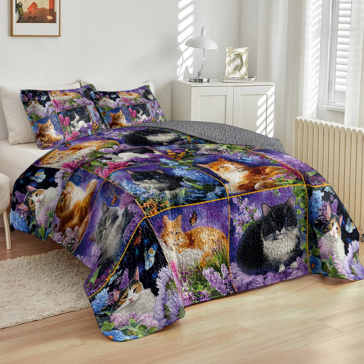 Lorva All Season Quilt 3-Piece Set Kittens With Flowers