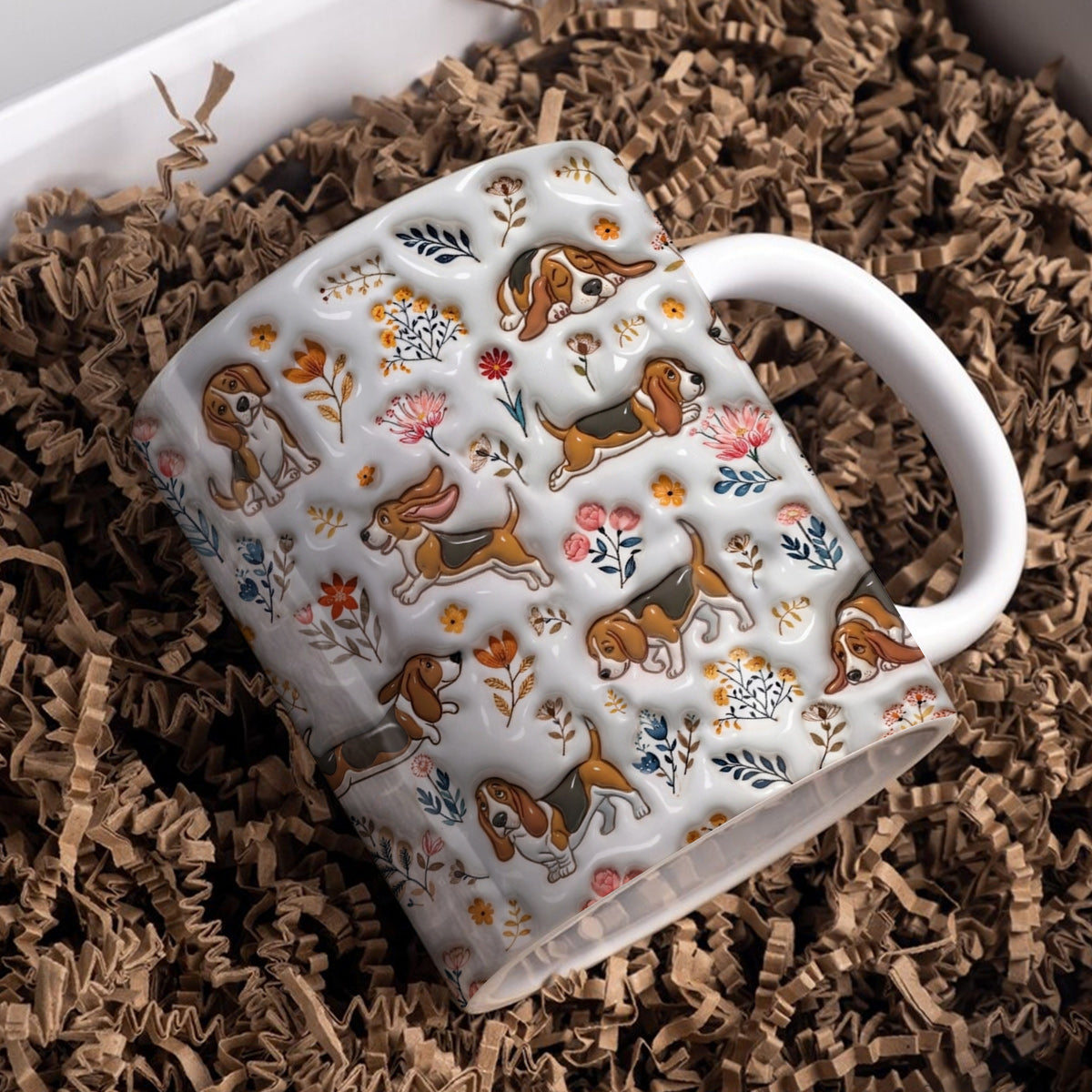 Lorva Basset Hound Flat Print Mug Happy Field Flowers