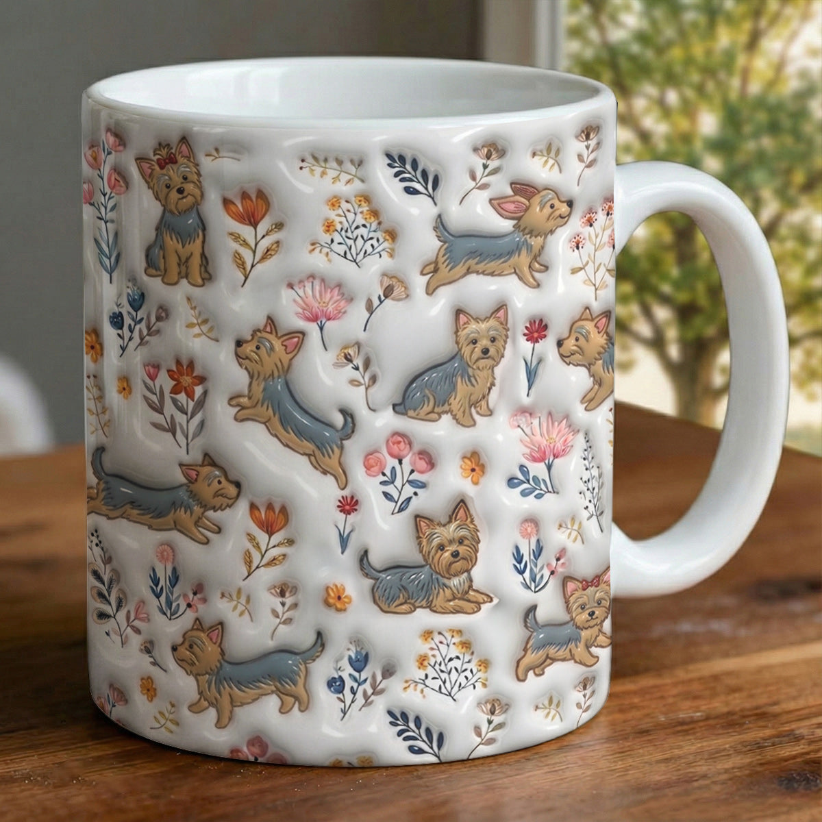 Lorva Yorkie Flat Print Mug Happy Field Flowers