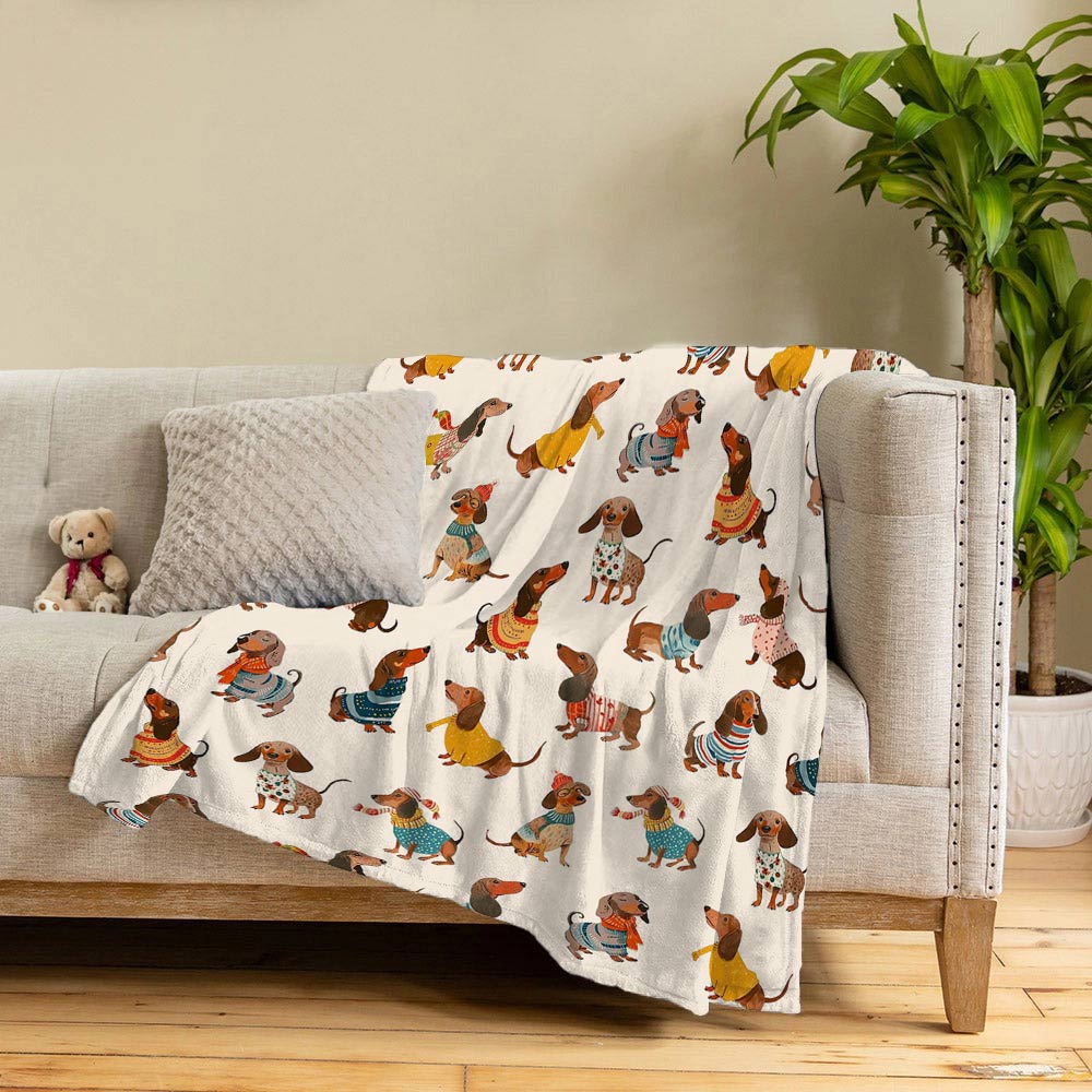 Lorva Dachshund Fleece Blanket Happy Holiday