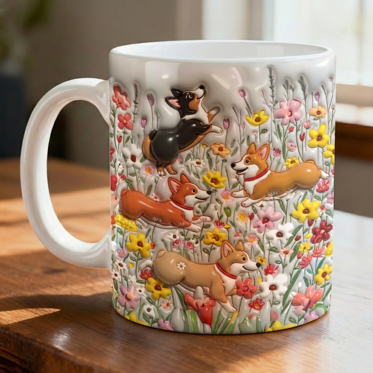 Lorva  Flat Print Mug Puffy Happy Corgi In Flower Garden