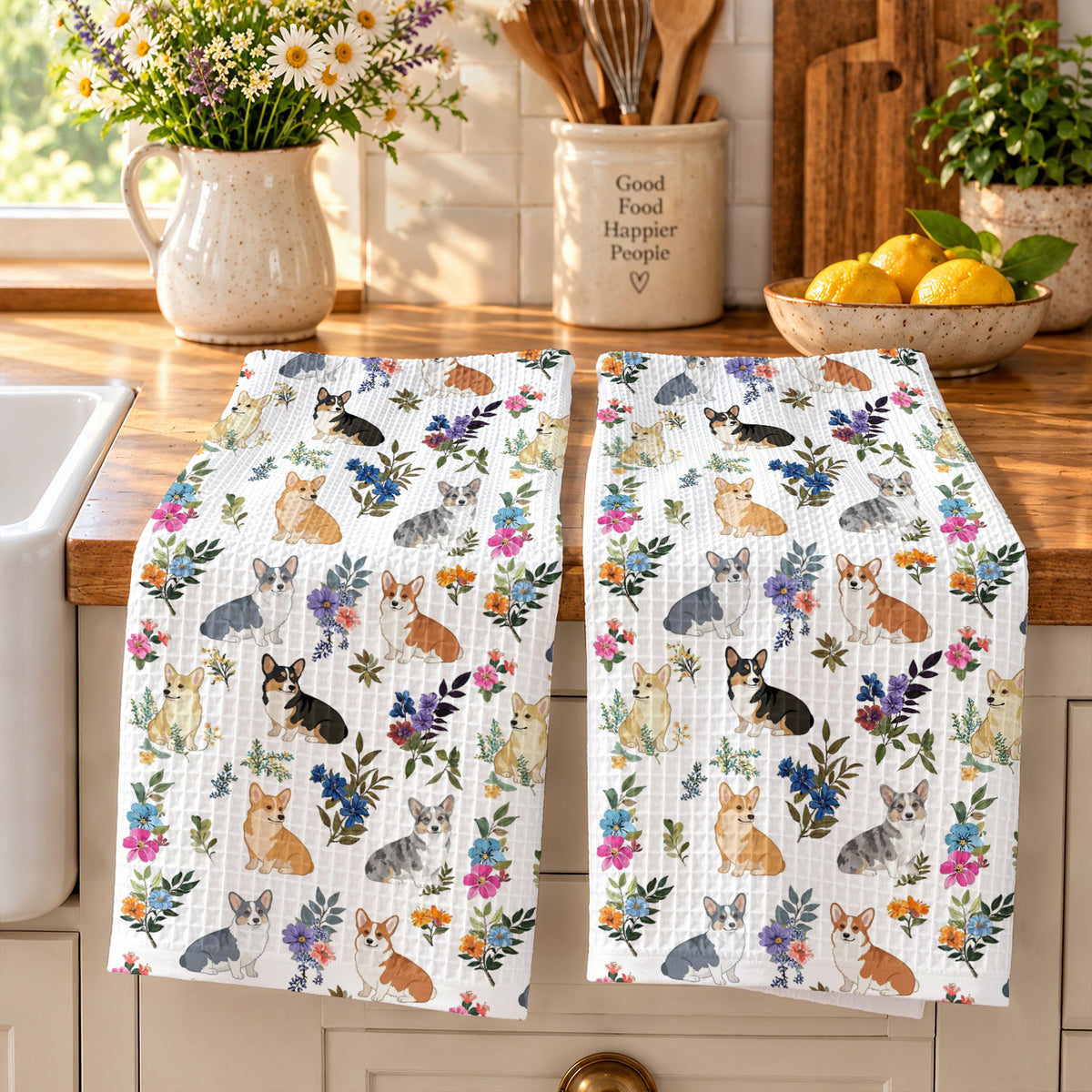 Lorva Corgi Kitchen Towel Charming Floral Corgi
