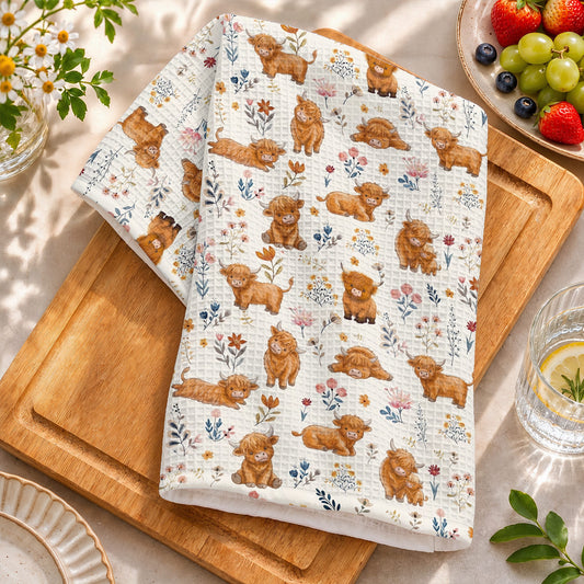 Lorva Highland Cow Kitchen Towel Happy Field Flowers