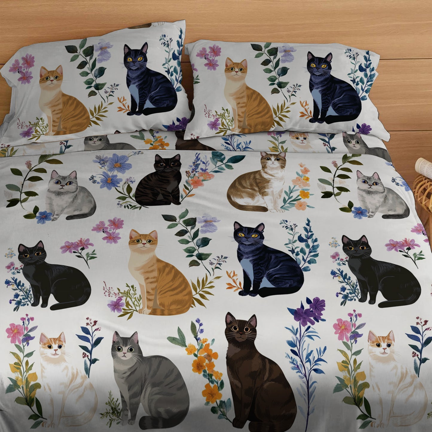 Lorva 4-Piece Bed Sheet Set Charming Floral Cats