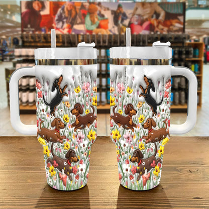 Lorva Tumbler Puffy Happy Dachshunds In Flower Garden