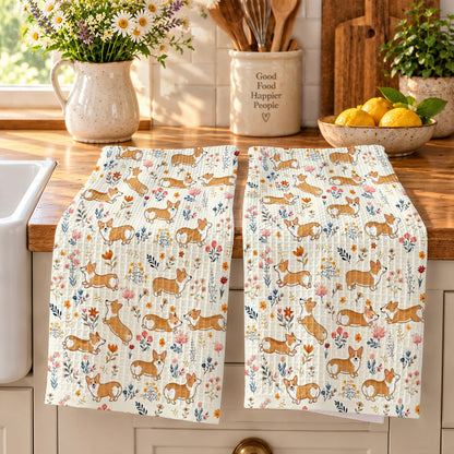 Lorva Corgi Kitchen Towel Cute Field Flowers
