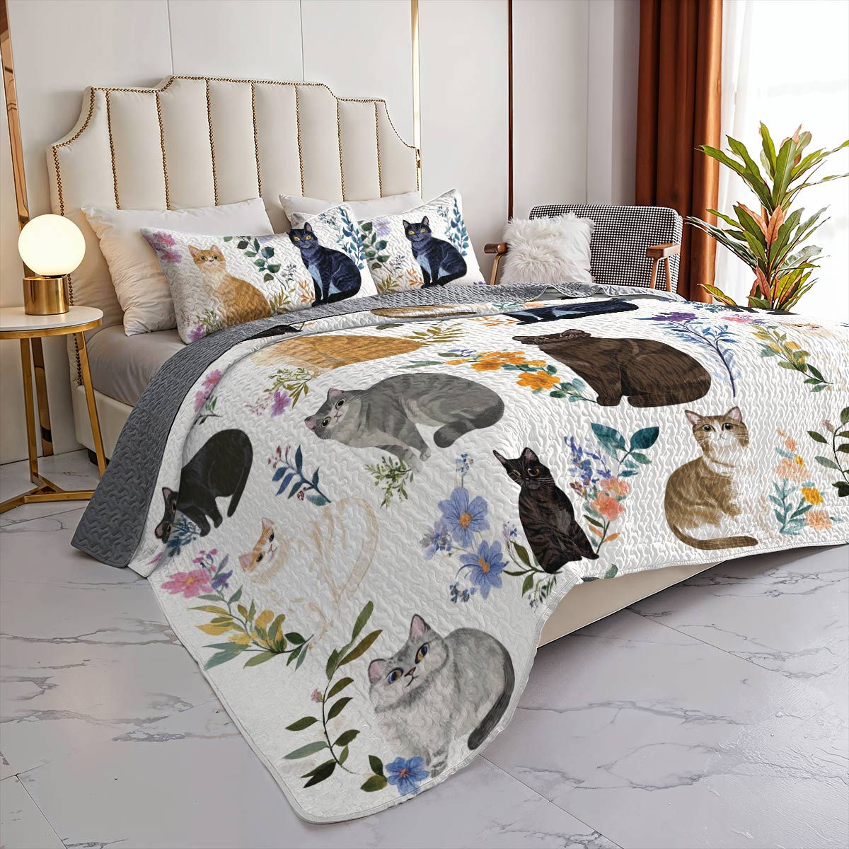 Lorva All Season Quilt 3-Piece Set Charming Floral Cats