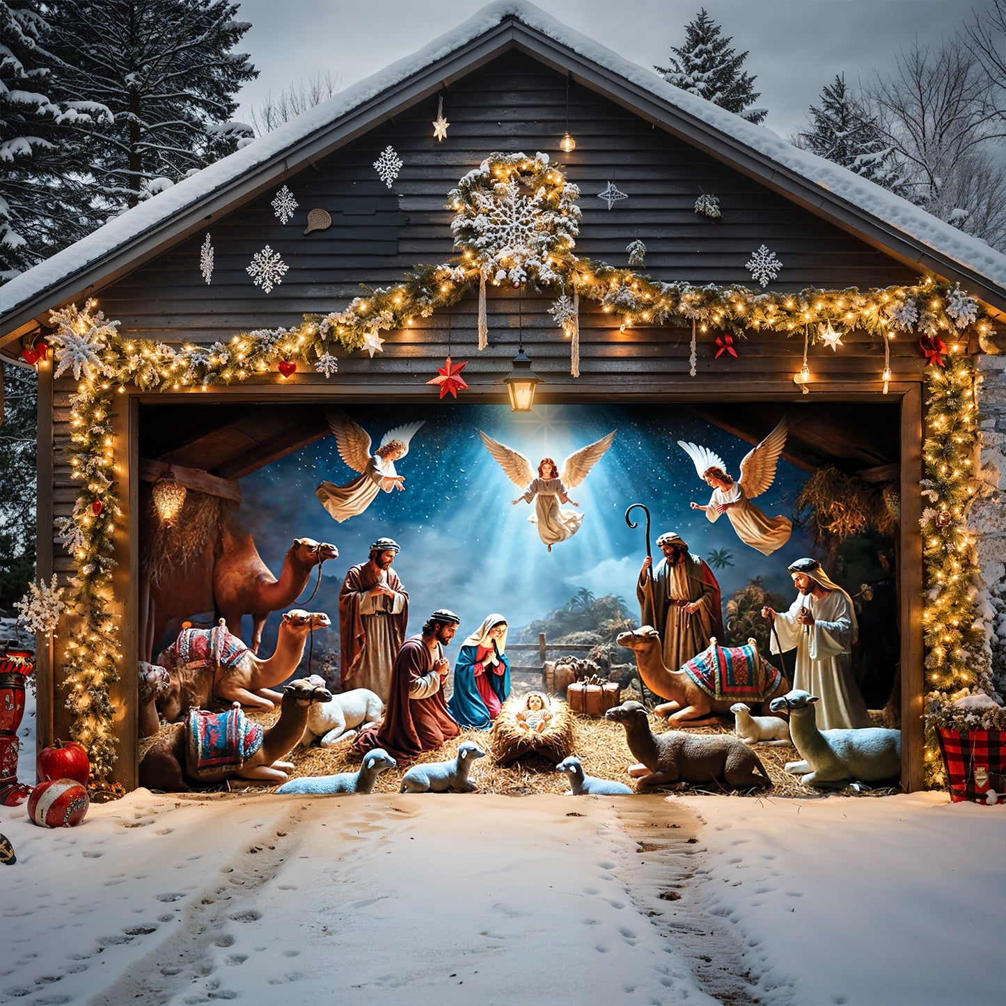 Lorva Christmas Garage Door Banner Decoration Manger Scene