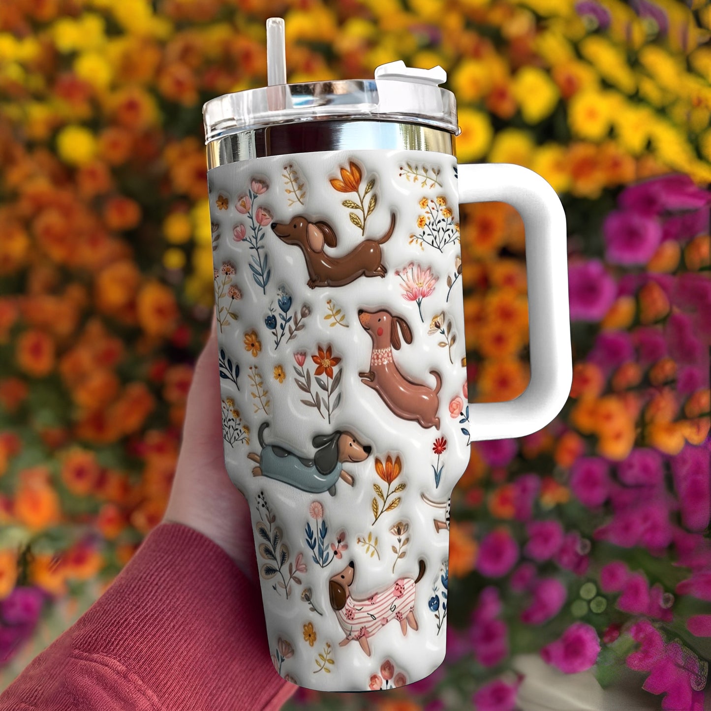 Lorva Dachshund Tumbler Charming Garden Bloom