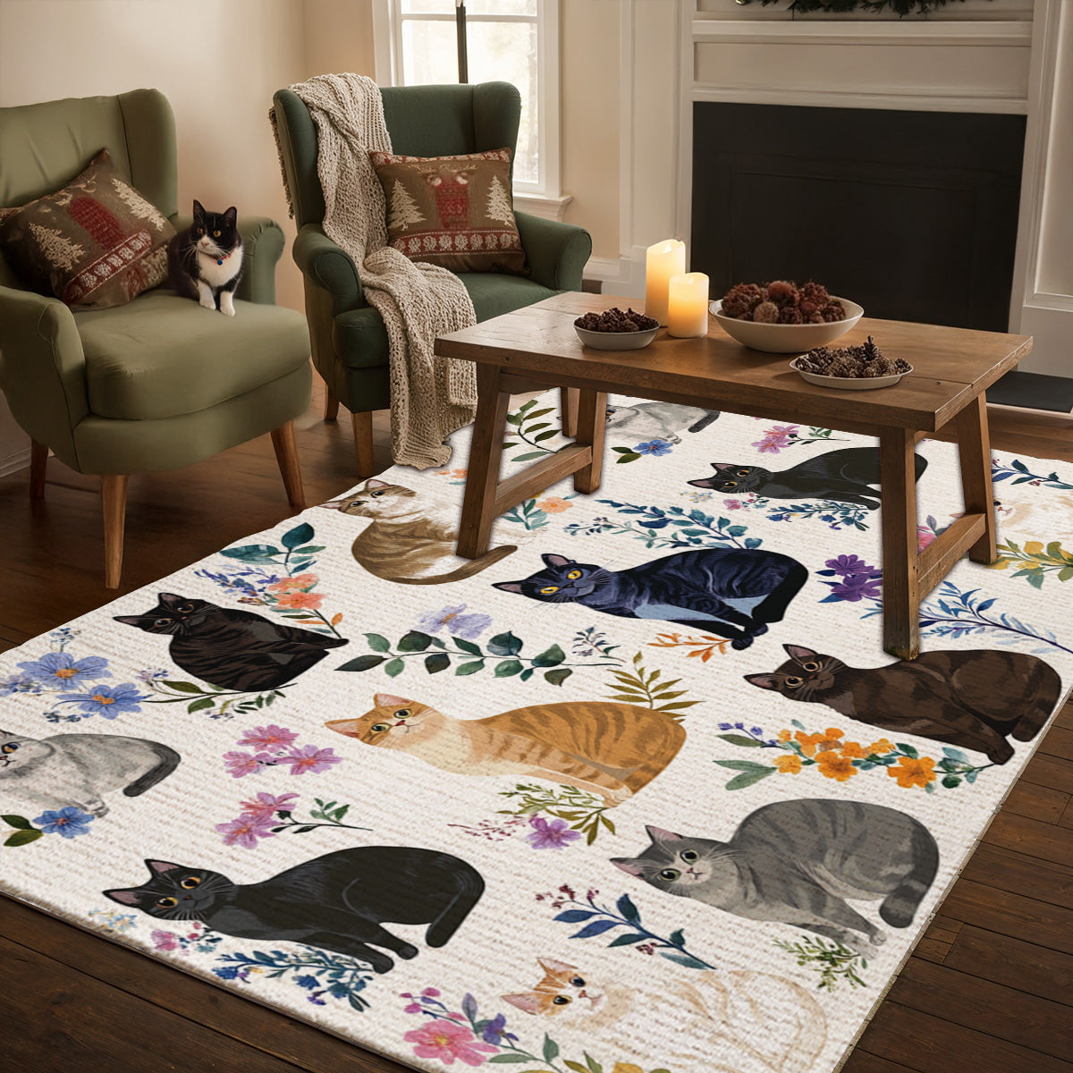 Lorva Area Rug Charming Floral Cats