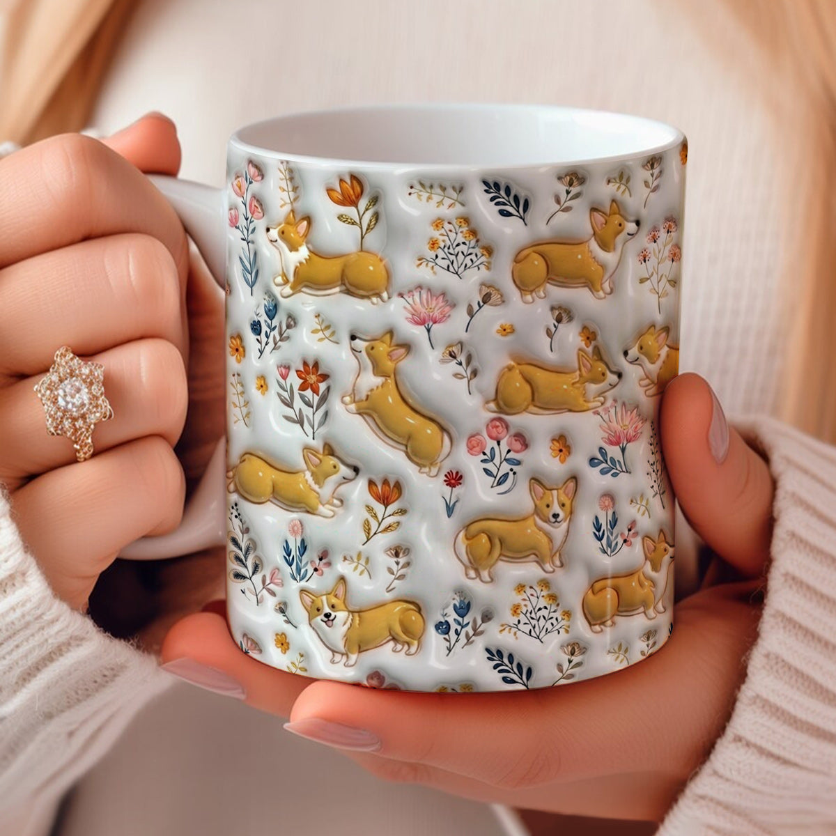 Lorva Corgi Flat Print Mug Cute Field Flowers