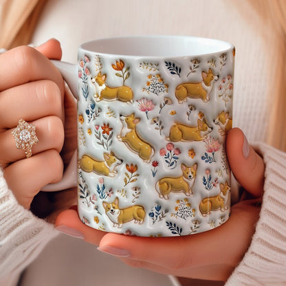 Lorva Corgi Flat Print Mug Cute Field Flowers