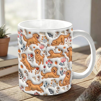 Lorva Golden Retriever Flat Print Mug Happy Field Flowers