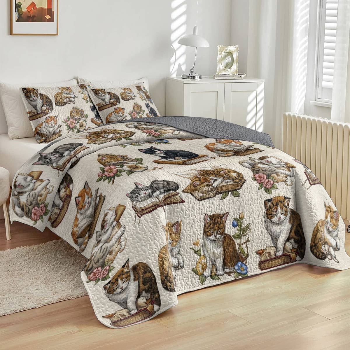 Cat Book Lorva All Season Quilt 3-Piece Set Charming Floral Autumn