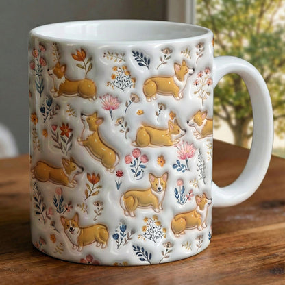 Lorva Corgi Flat Print Mug Cute Field Flowers