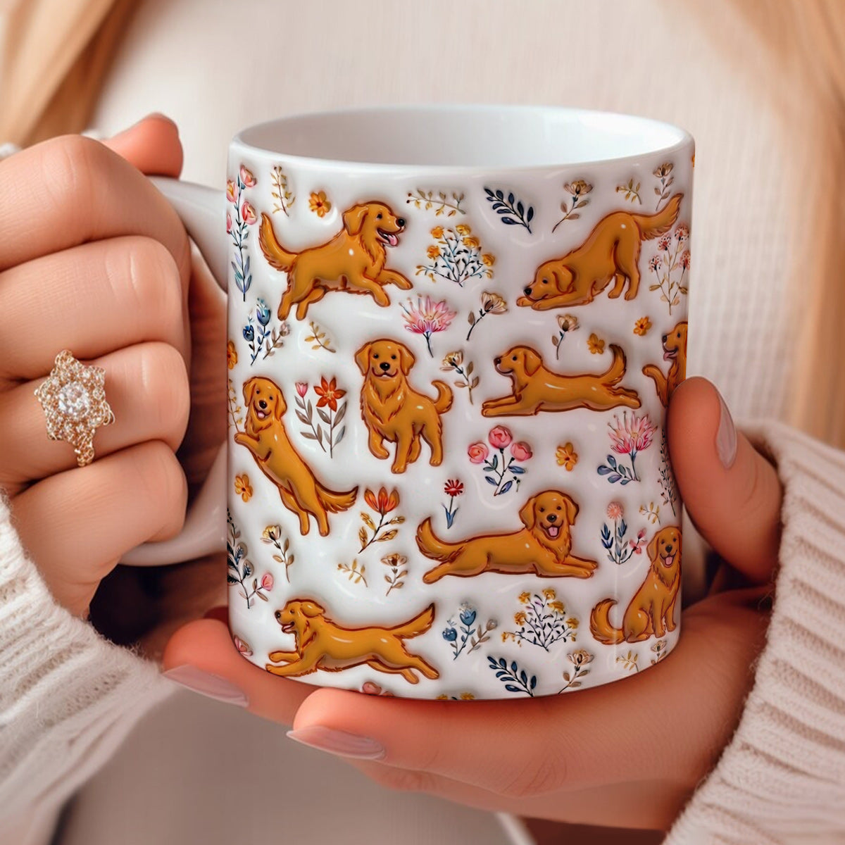 Lorva Red Golden Retriever Flat Print Mug Happy Field Flowers
