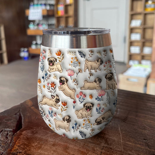 Lorva Pug Wine Tumbler Happy Field Flowers