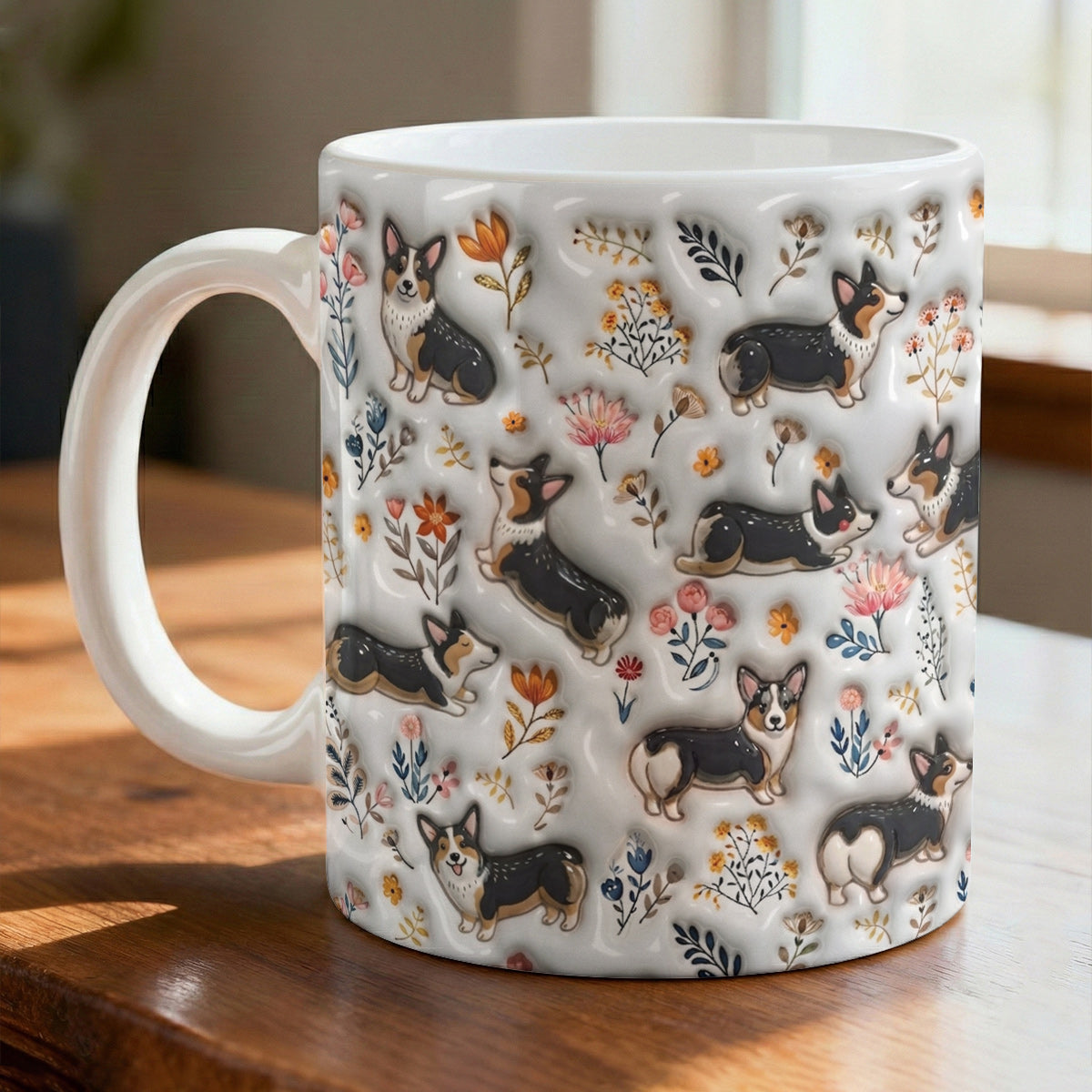 Lorva Corgi Flat Print Mug Joyful Field Flowers