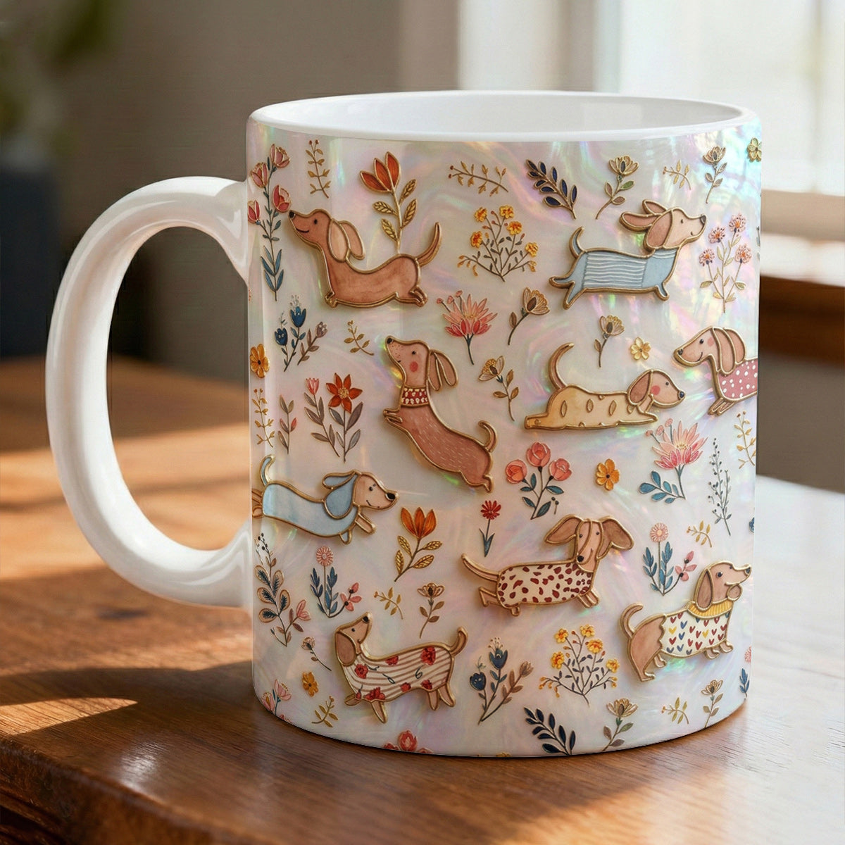 Lorva Flat Print Mug Cute Floral Dachshunds