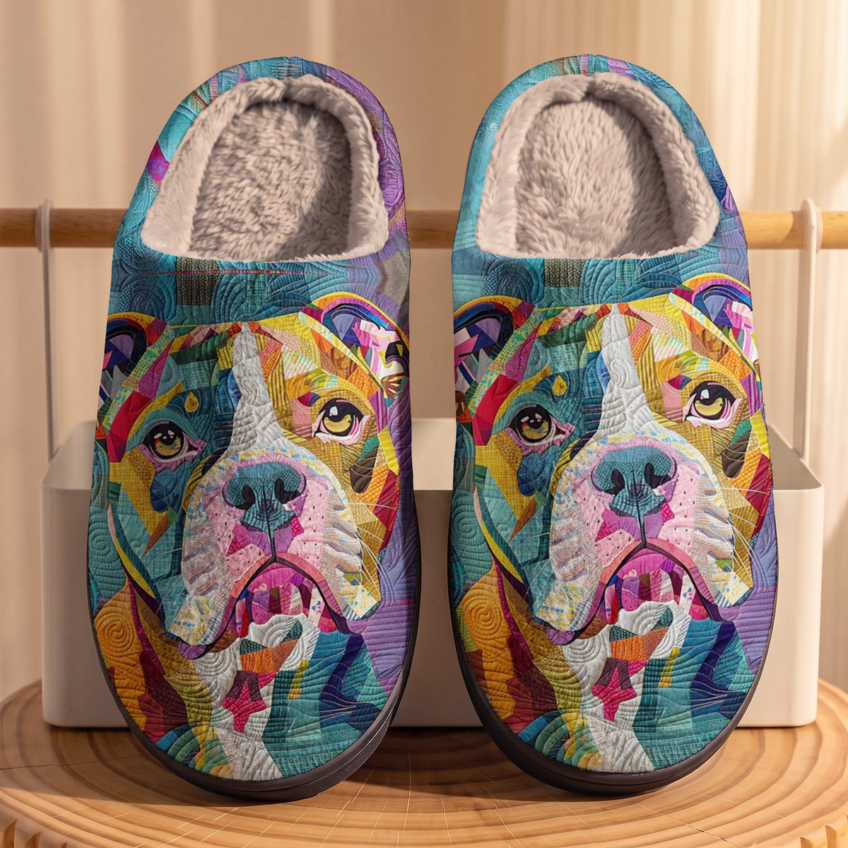Lorva Pit bull Fleece Lined Slippers Colorful Patchwork