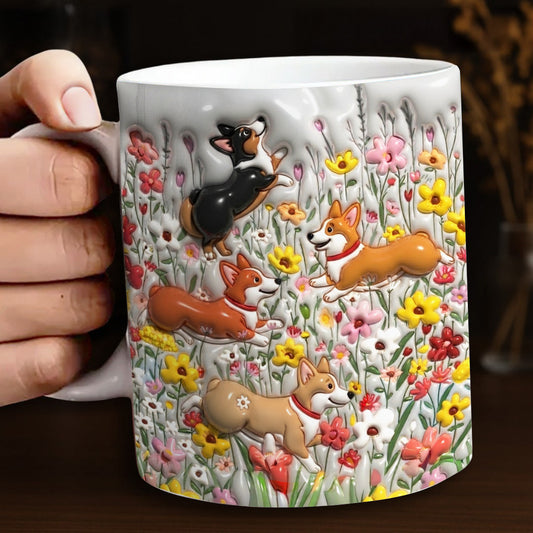 Lorva  Flat Print Mug Puffy Happy Corgi In Flower Garden