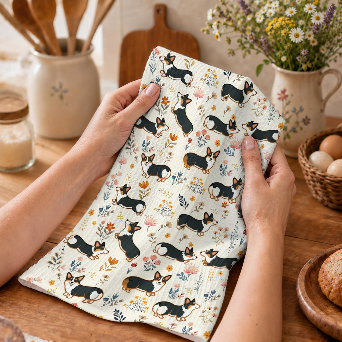 Lorva Corgi Kitchen Towel Joyful Field Flower