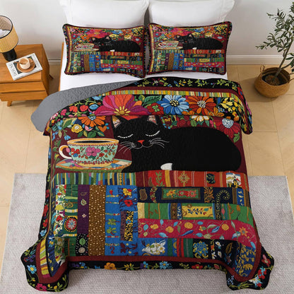 Lorva Cat All Season Quilt 3-Piece Set Whispers Of Flowers, Coffee, And A Stack Of Books