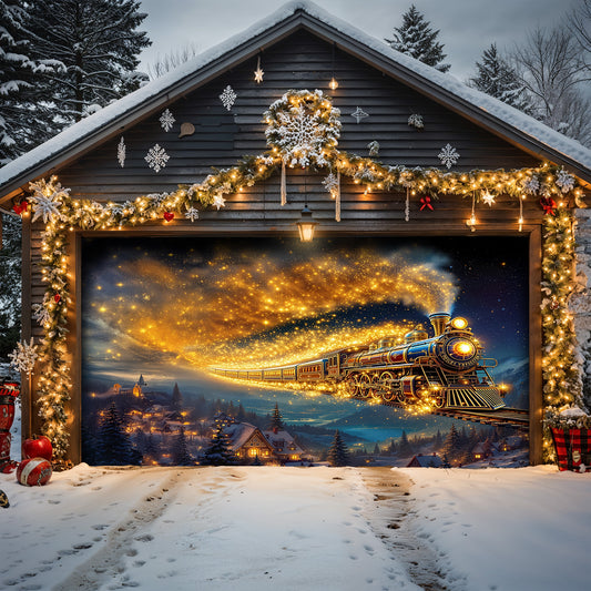 Lorva Christmas Garage Door Banner Decoration Gold Christmas Train