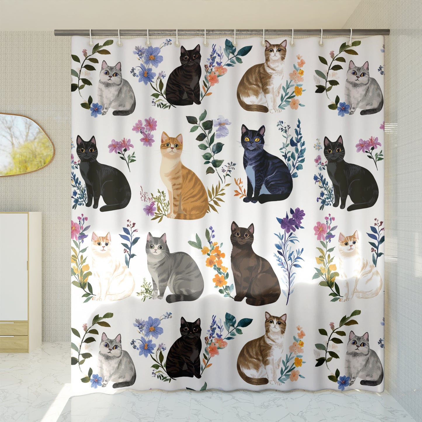 Lorva Shower Curtain Charming Floral Cats