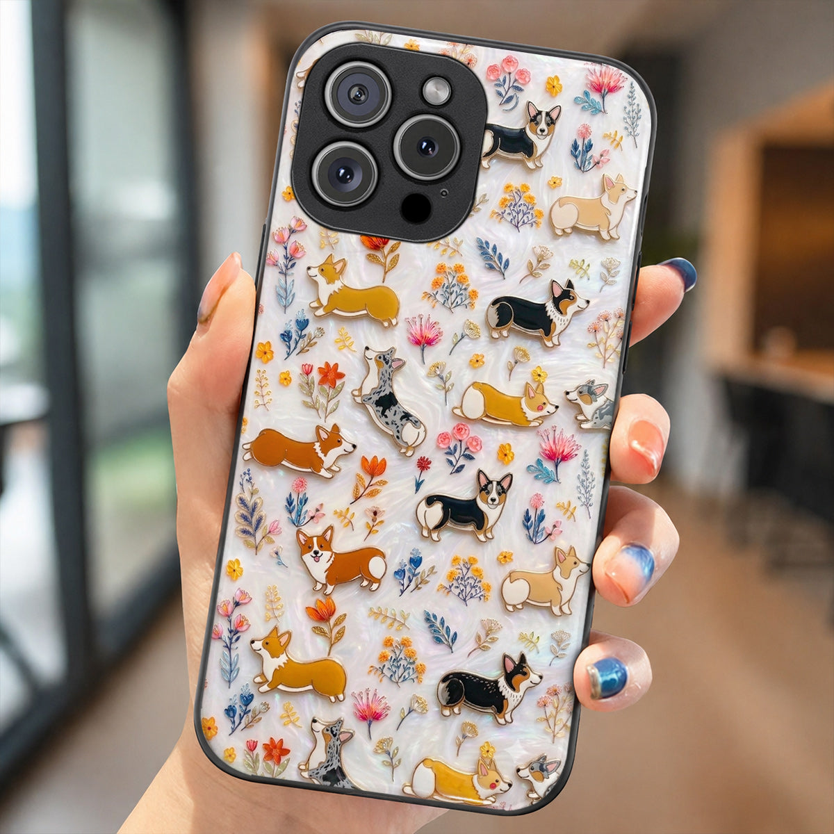 Lorva Corgi Flat Print Phone Case Sparkling Happy Field Flowers