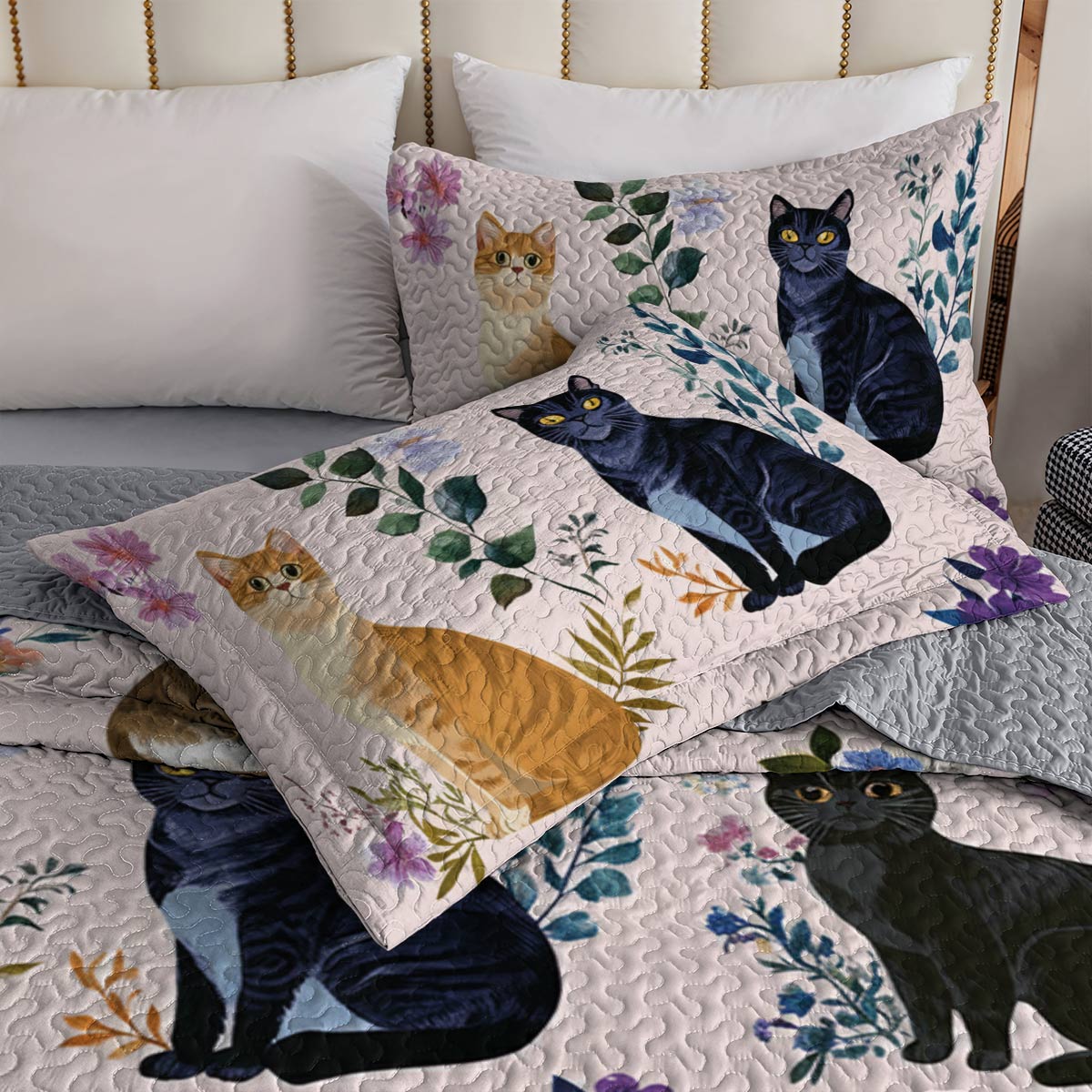 Lorva Cat All Season Quilt 3-Piece Set Pink Charming Floral Cats