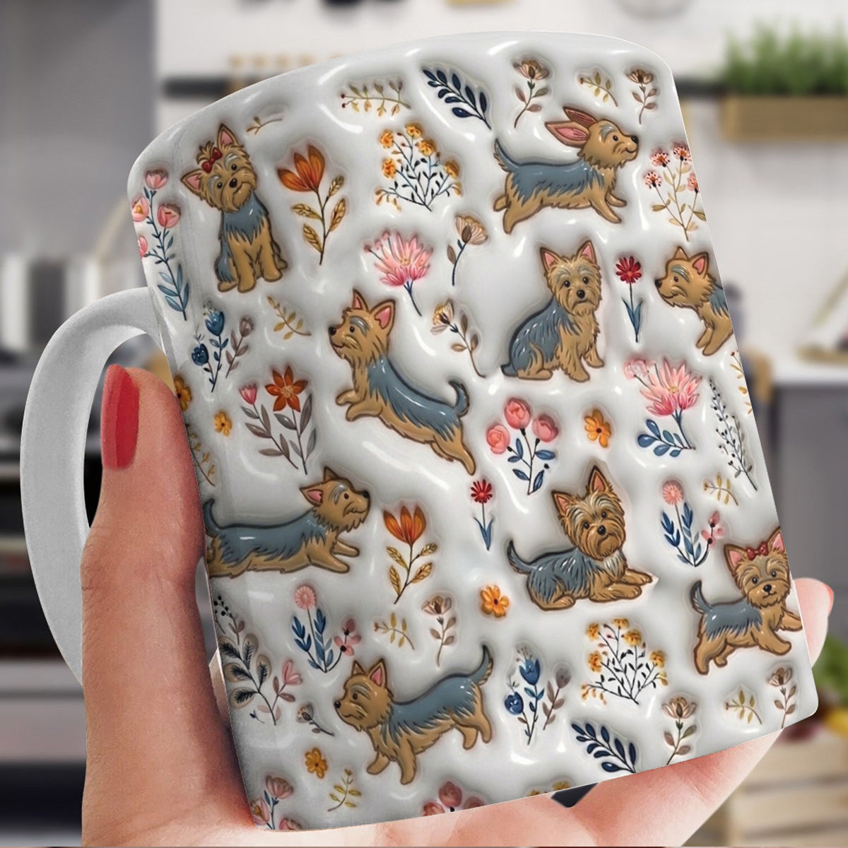 Lorva Yorkie Flat Print Mug Happy Field Flowers
