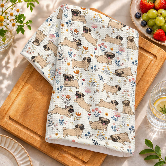Lorva Pug Kitchen Towel Happy Field Flowers
