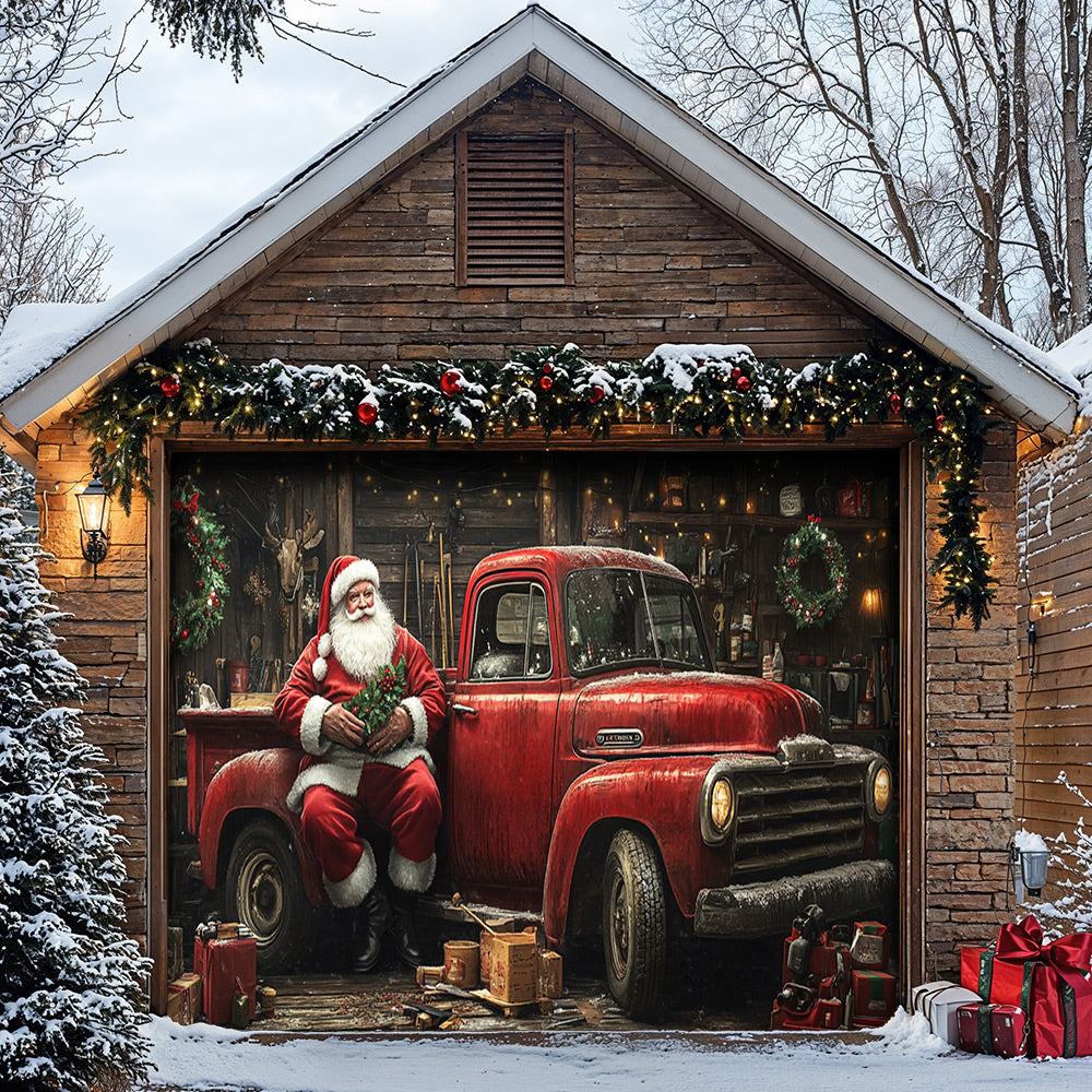 Lorva Christmas Garage Door Banner Decoration Rustic Santa Workshop & Red Truck Holiday