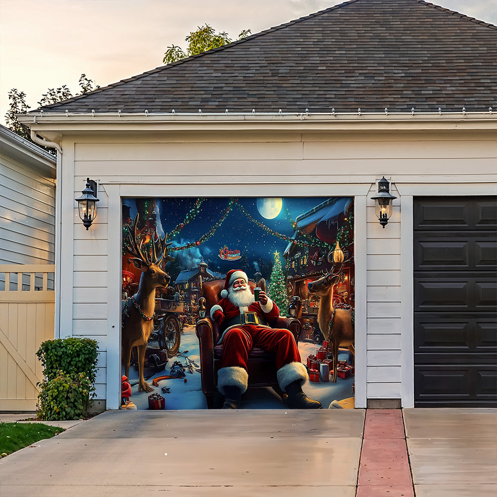 Lorva Christmas Garage Door Banner Decoration Joyful Santa & His Reindeer
