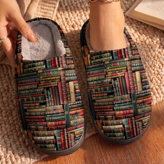 Lorva Reading Fleece Lined Slippers Vintage Books