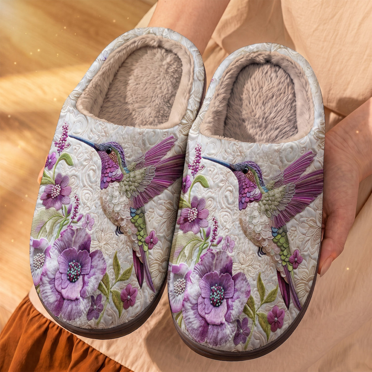 Lorva Hummingbird Fleece Lined Slippers Charming Floral Hummingbird