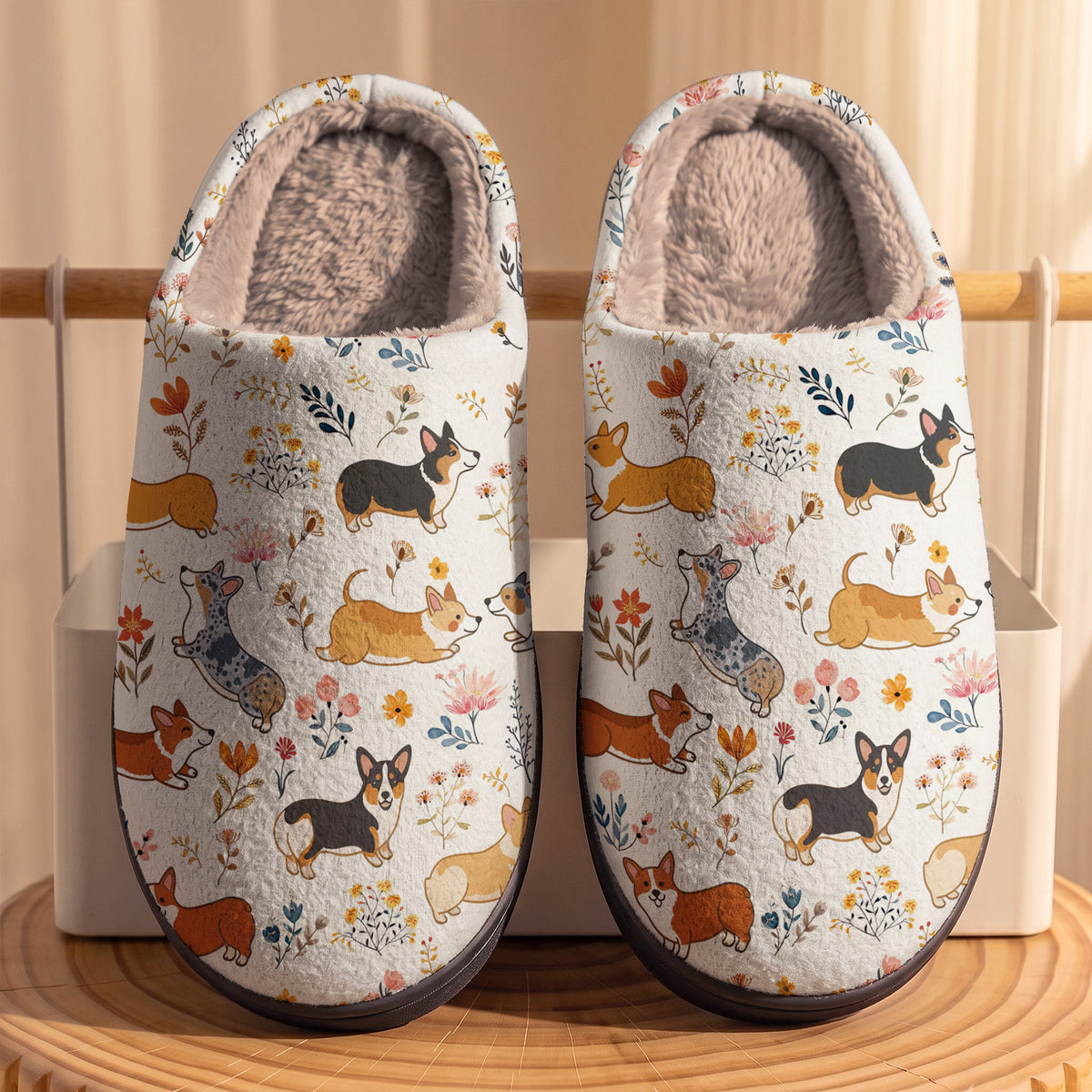 Lorva Corgi Fleece Lined Slippers Happy Field Flowers