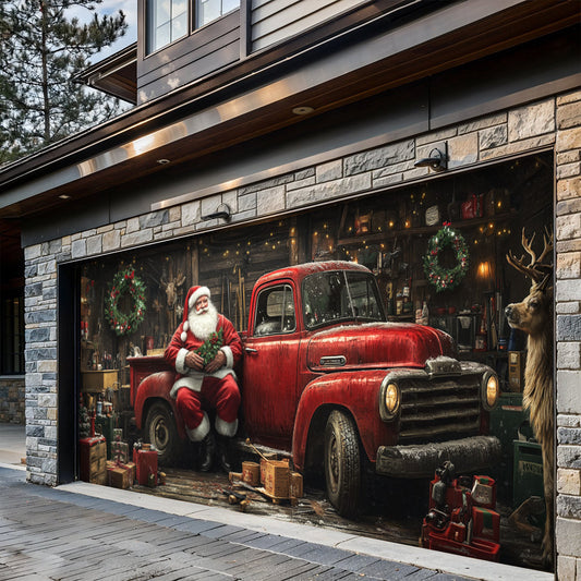 Lorva Christmas Garage Door Banner Decoration Rustic Santa Workshop & Red Truck Holiday