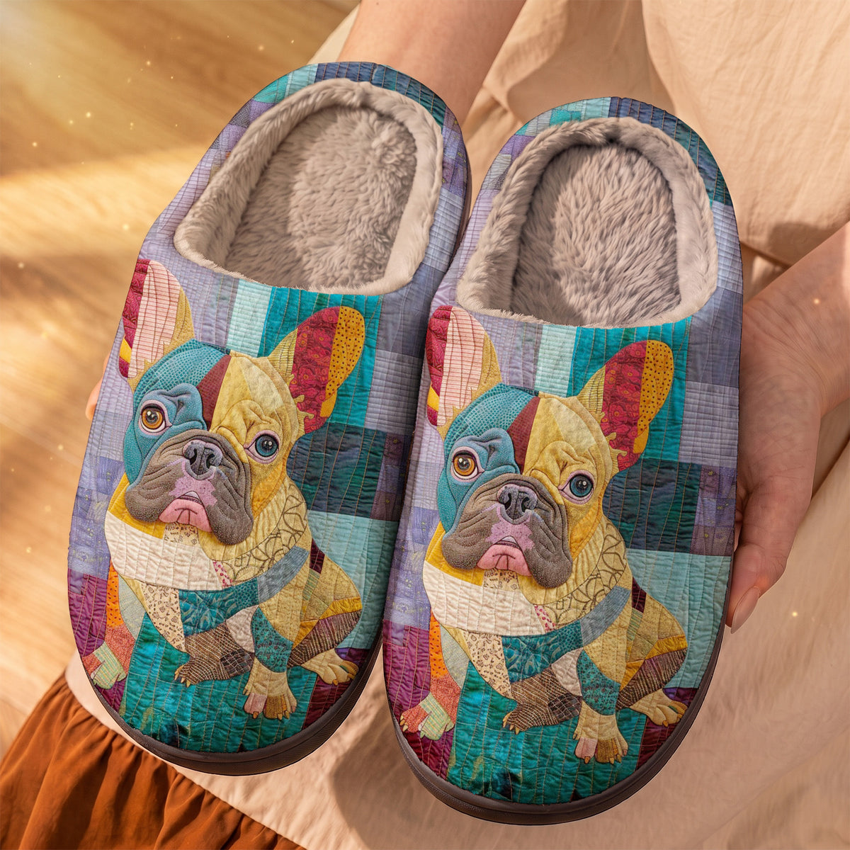 Lorva French Bulldog Fleece Lined Slippers Charming Patchwork