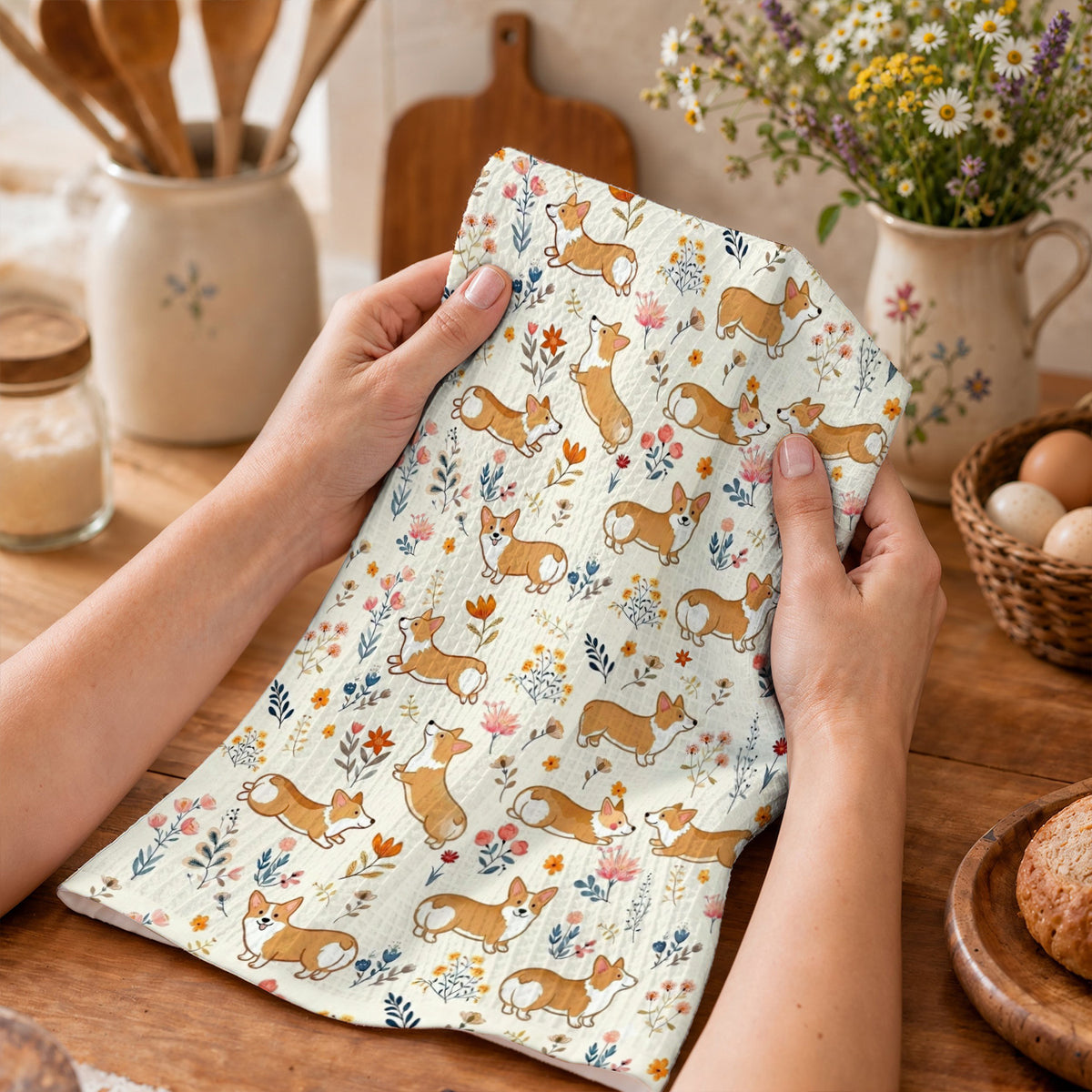 Lorva Corgi Kitchen Towel Cute Field Flowers