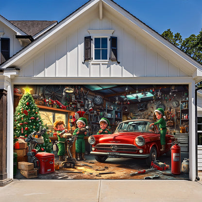 Lorva Garage Door Banner Decoration Christmas Elves Garage Workshop