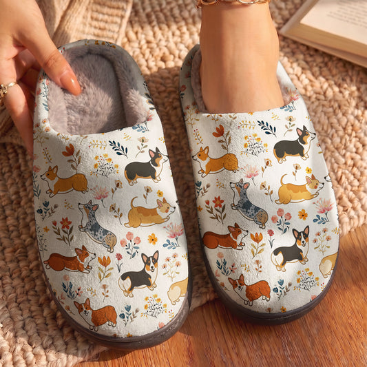 Lorva Corgi Fleece Lined Slippers Happy Field Flowers