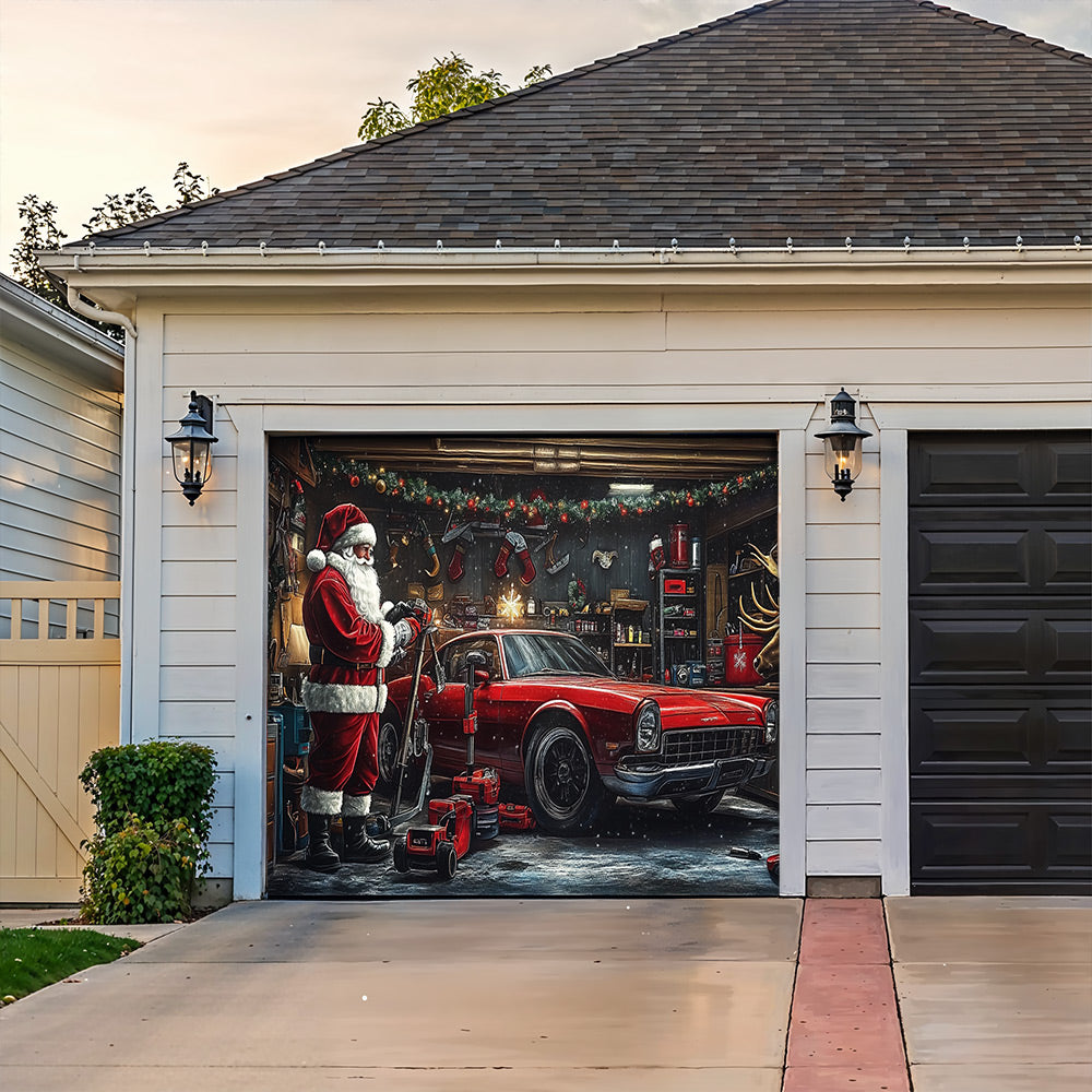 Lorva Christmas Garage Door Banner Decoration Reindeer At The Repair Shop