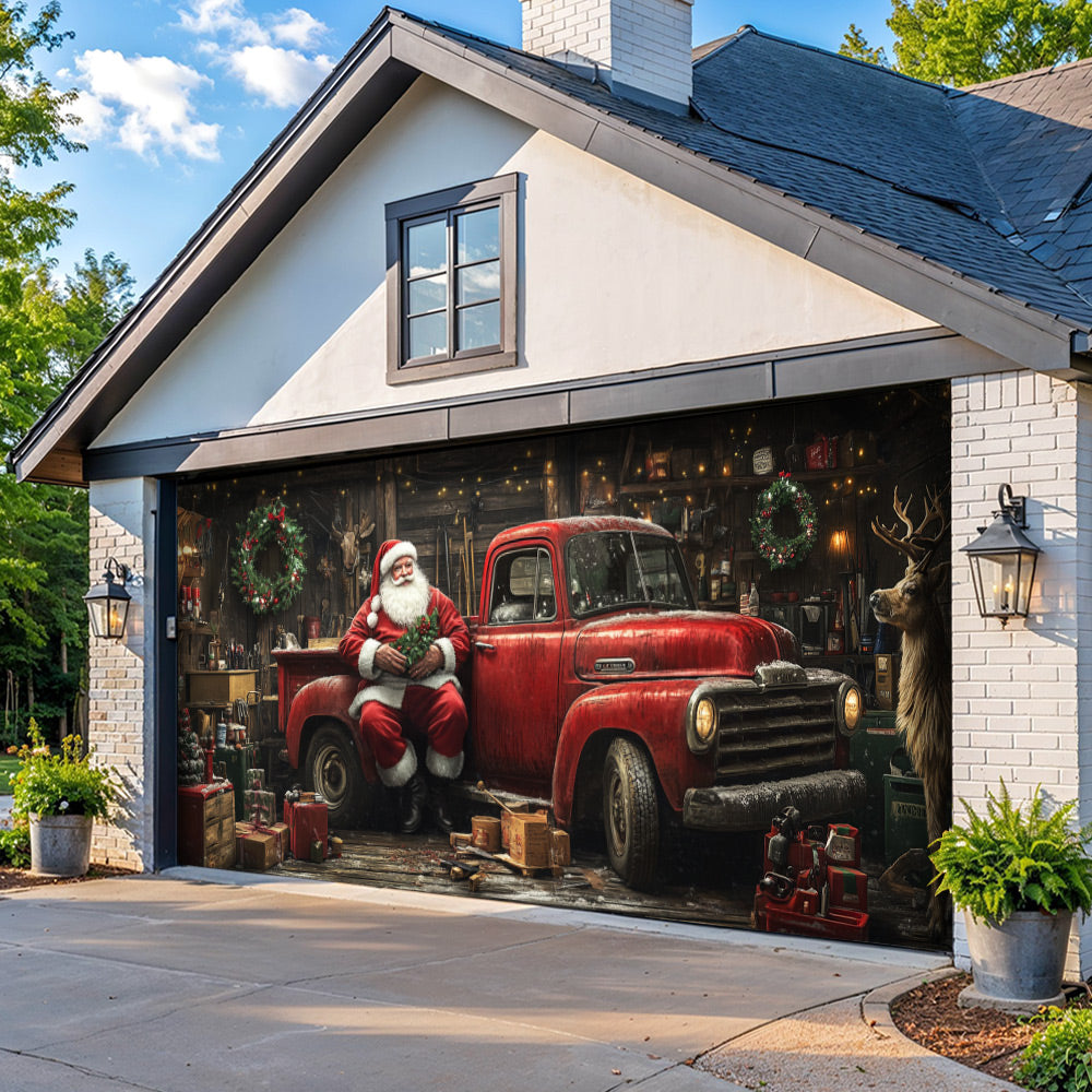 Lorva Christmas Garage Door Banner Decoration Rustic Santa Workshop & Red Truck Holiday