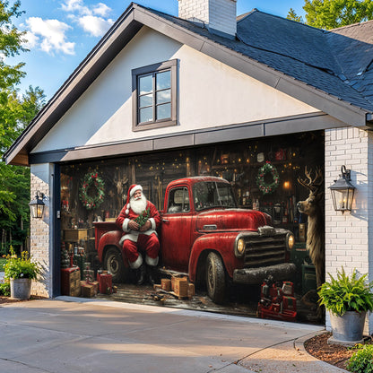 Lorva Christmas Garage Door Banner Decoration Rustic Santa Workshop & Red Truck Holiday